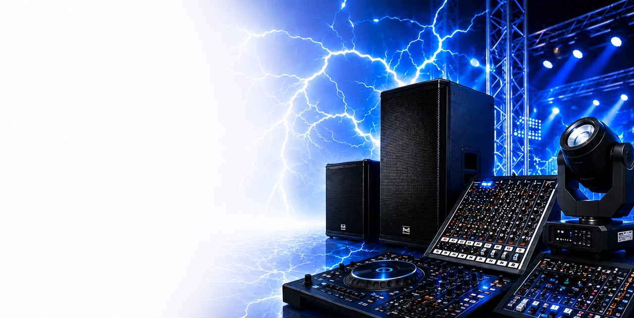 Professional sound equipment, DJ mixer, speakers and moving head light